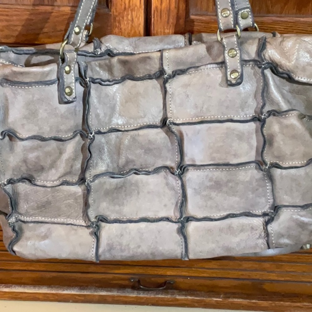Neutral Gray Patchwork Tote with Stitched Detail - Picture 5 of 10